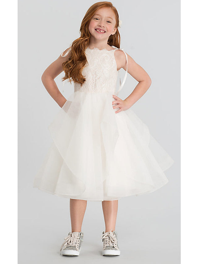 Oknass A-Line Sleeveless Scalloped Neckline Flower Girl Dresses Lace Satin Tulle  With Tier  Solid