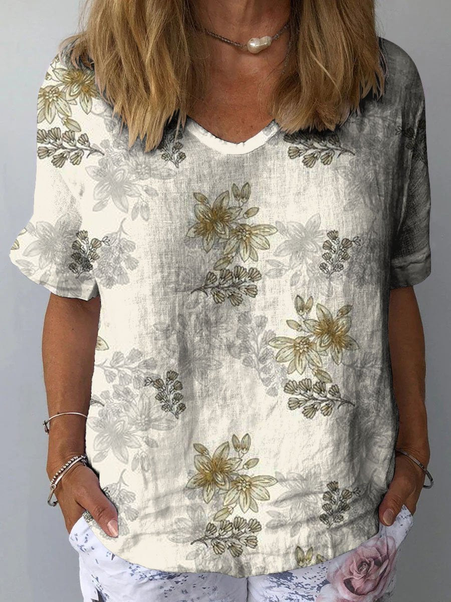 Women's Vintage Elegant Floral Art Print Casual Cotton And Linen Shirt