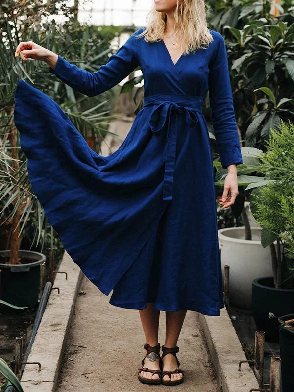 Vintage Cotton Linen Wrap Maxi Dress-Mayoulove