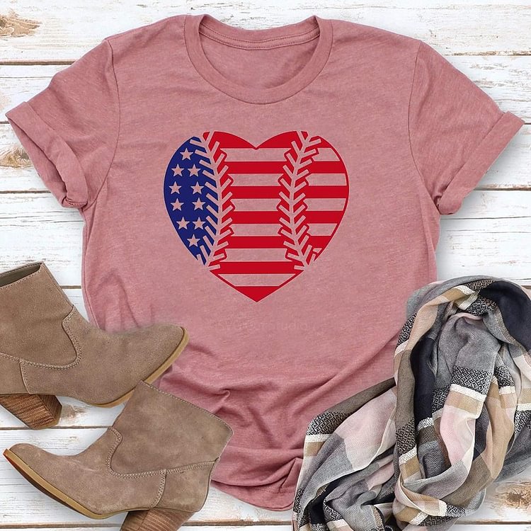 Baseball US Flag Heart T-Shirt Tee -