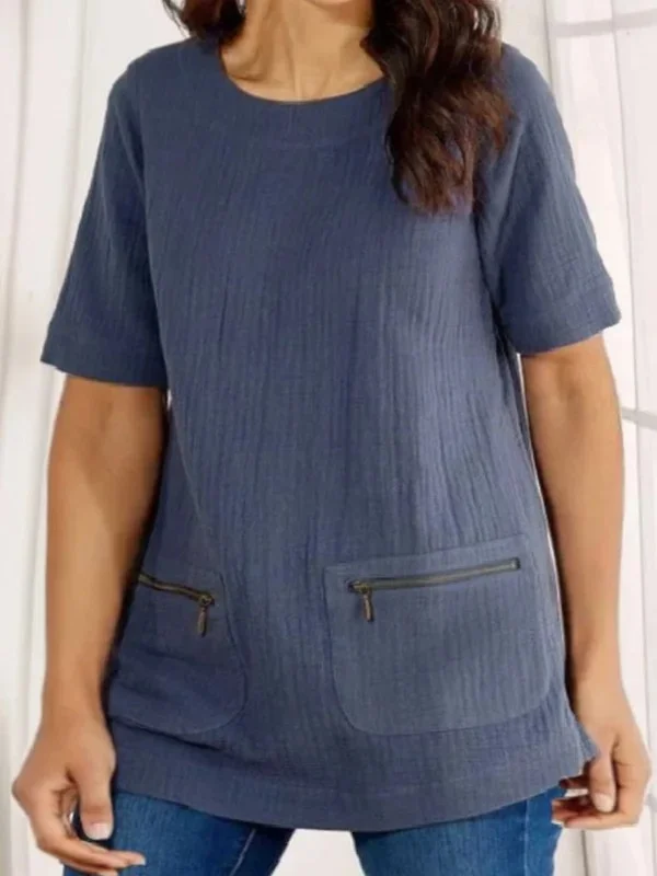 Solid Cotton Linen Zip Pocket Top