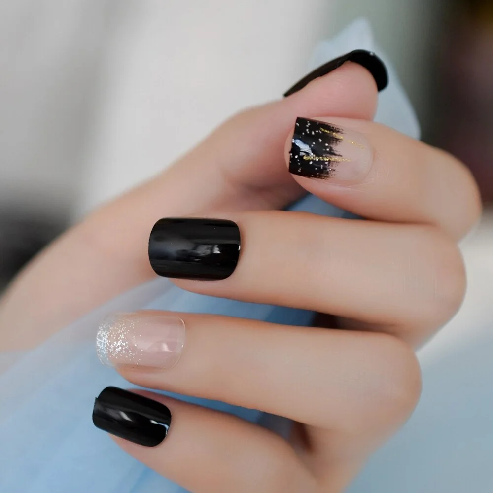 Multi-designed False Nails Straight Line ABS Artificial Nail Gleaming Silver Glitter Finger Nail Art Tips for Office Lady-Nail Inspo