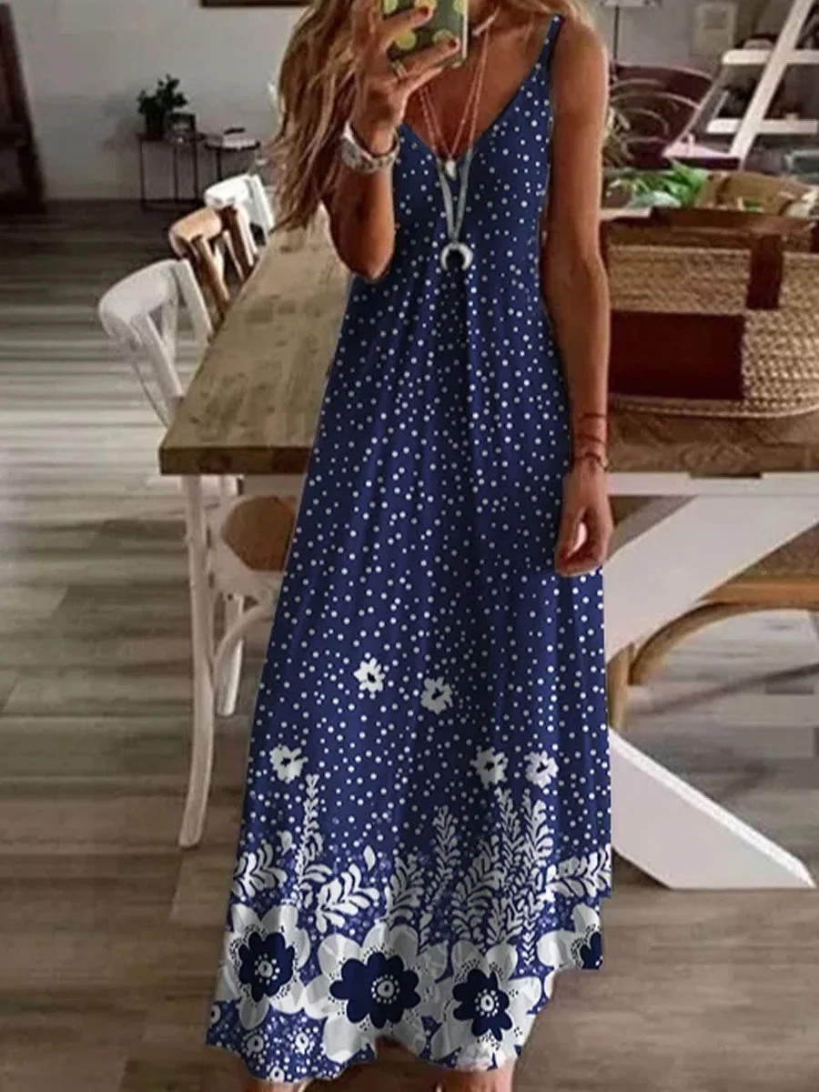 V-neck Casual Loose Floral Print Sleeveless Maxi Dress
