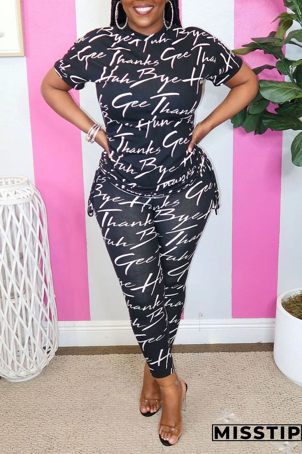 Black Casual Print Patchwork O Neck Short Sleeve Two Pieces