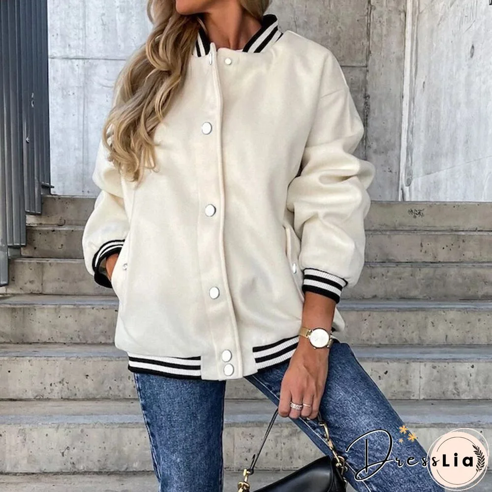 Fashion Contrast Woolen Jacket Women Casual Long Sleeve O Neck Single Breasted Coats Ladies Autumn Loose Pocket Baseball Uniform