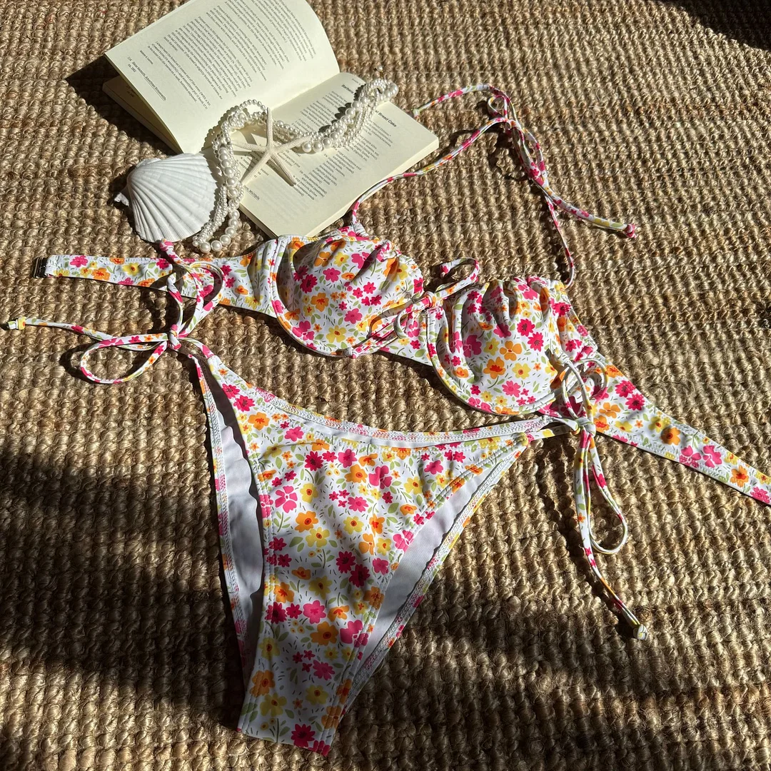 Zingj 2025 New Small Fresh Floral Print Sexy Strap Bikini Split Swimsuit Bikini
