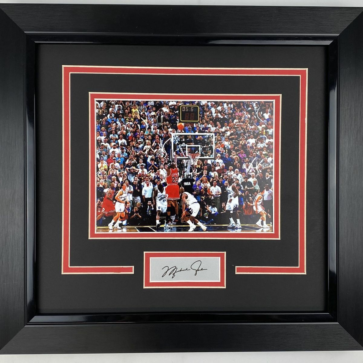 Framed Michael Jordan Facsimile Laser Engraved Auto Chicago Bulls The Shot Photo Poster painting