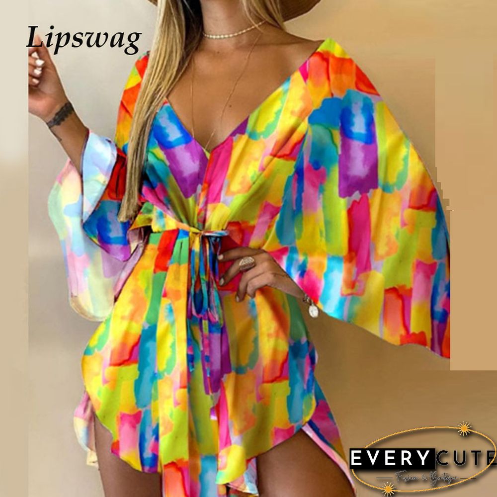 Casual Leaf Leopard Print Harajuku Batwing Sleeve Dress Lady Elegant Lace-Up Irregular