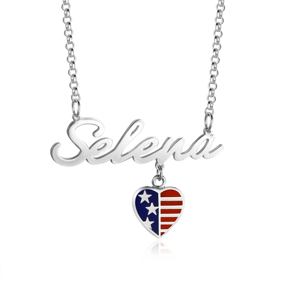 Personalized Name Necklace with Heart America Flag Charm Necklace 4th of July Gifts