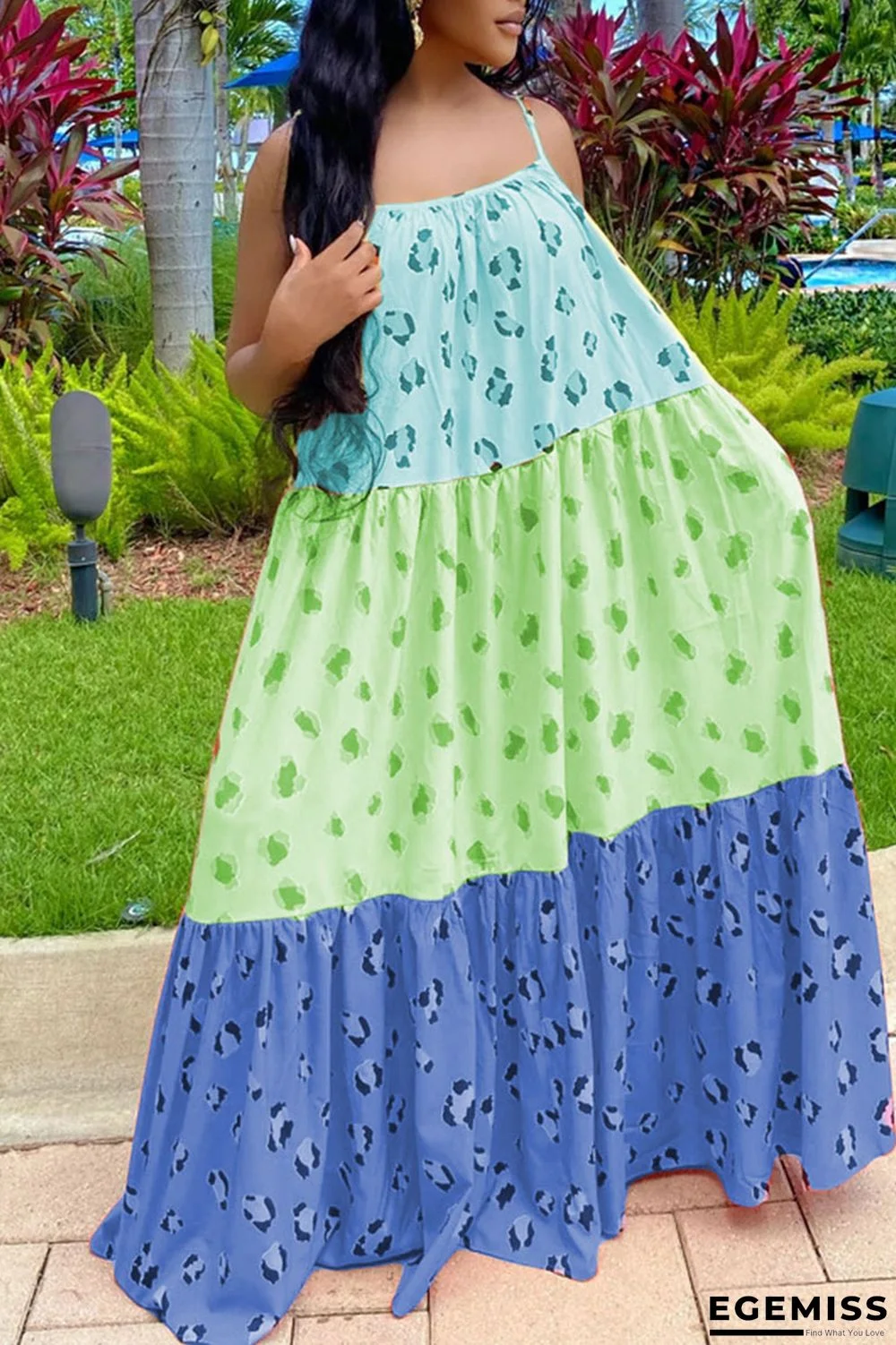 Blue Casual Sweet Print Patchwork Spaghetti Strap A Line Dresses | EGEMISS