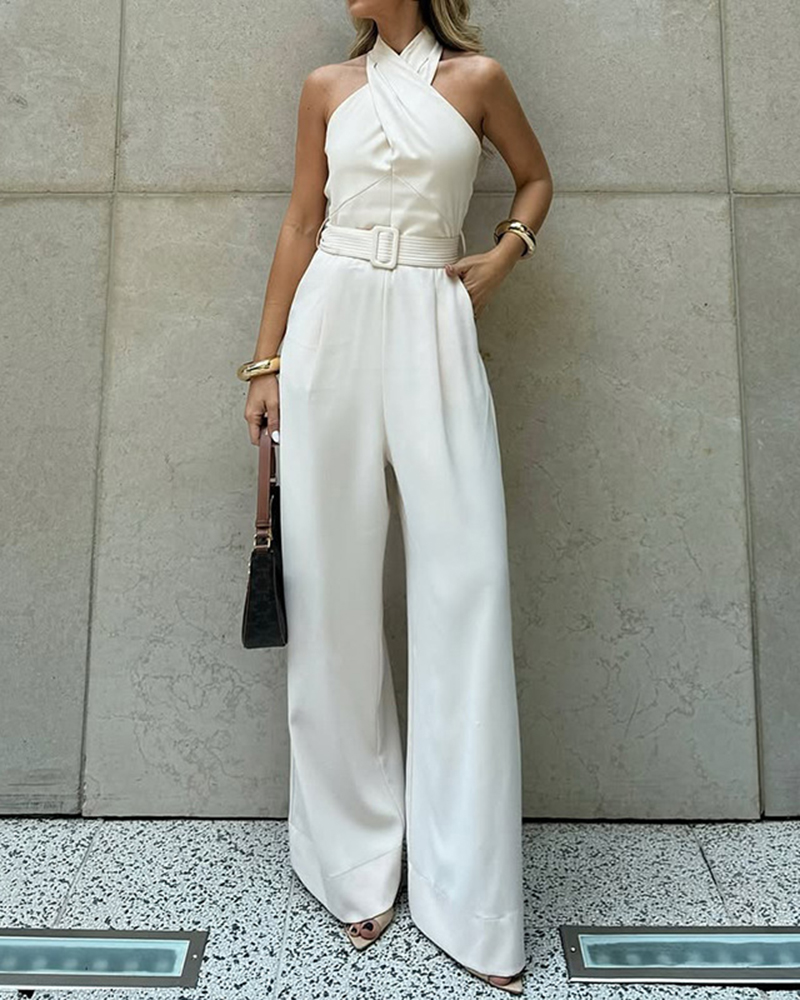 Criss Cross Halterneck Wide Leg Jumpsuit