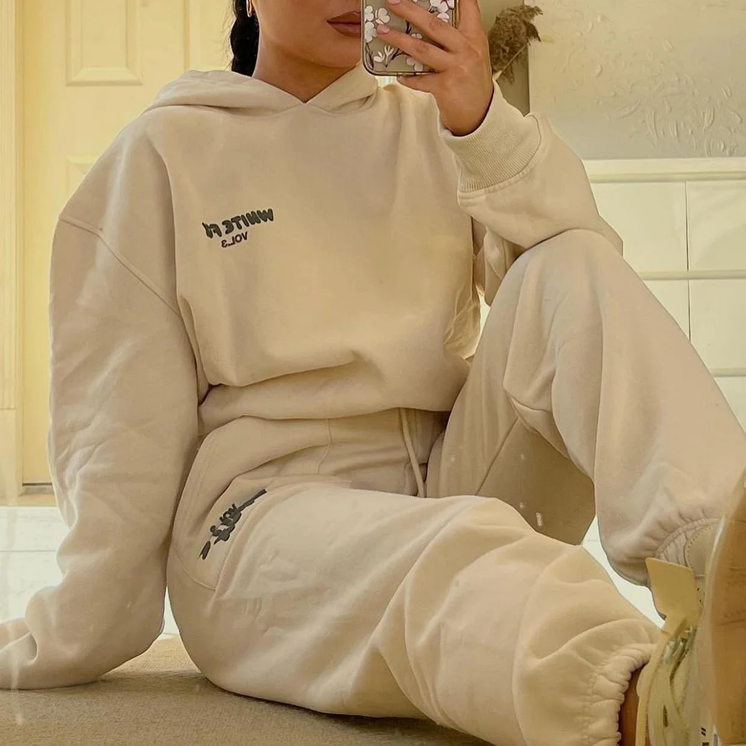 Fashion Sports LOGO Long Sleeve Pullover Hooded Sweatshirt Two Piece Set