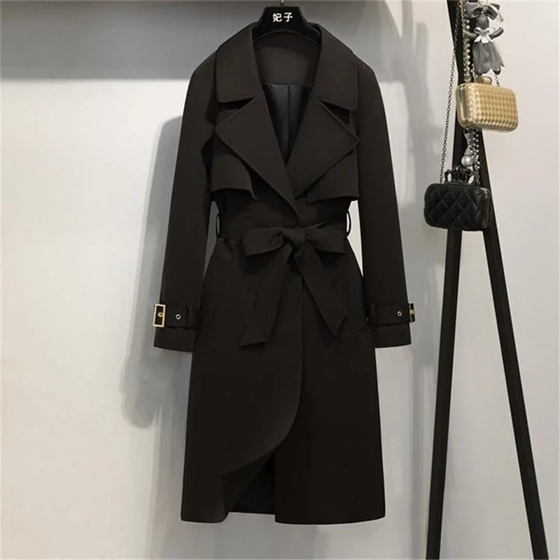 2021 Spring Windbreaker Autumn Trench Coat Women Adjustable Waist Slim Solid Black Coat White Long Trench Coats Female Outerwear