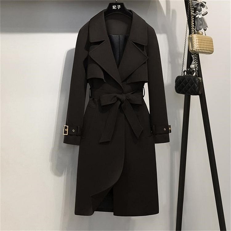 2021 Spring Windbreaker Autumn Trench Coat Women Adjustable Waist Slim Solid Black Coat White Long Trench Coats Female Outerwear