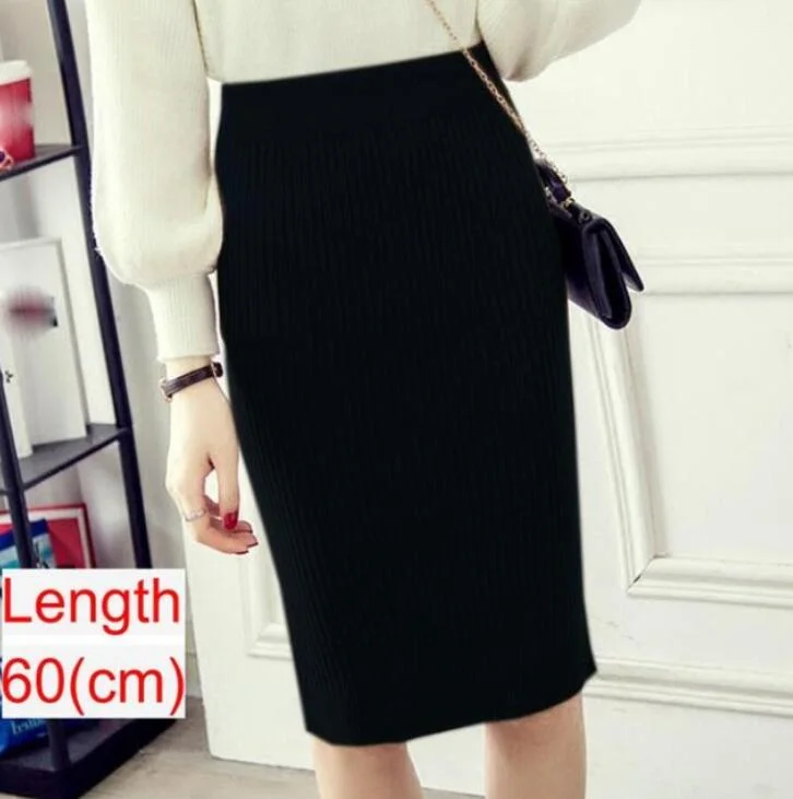Women Knitted Pencil Skirts Slim Solid Basic Ladies Office High Waist Elegant Midi Skirt 2020 Autumn Winter Warm Womens Skirts