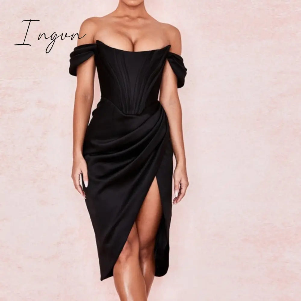 Ingvn - Off Shoulder Sexy Strapless Split Corset Satin Dresses Fashion Bodycon Dress Women Party