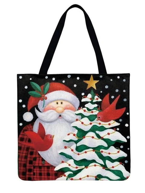 Linen Eco-friendly Tote Bag - Christmas Cartoon Snowman And Santa