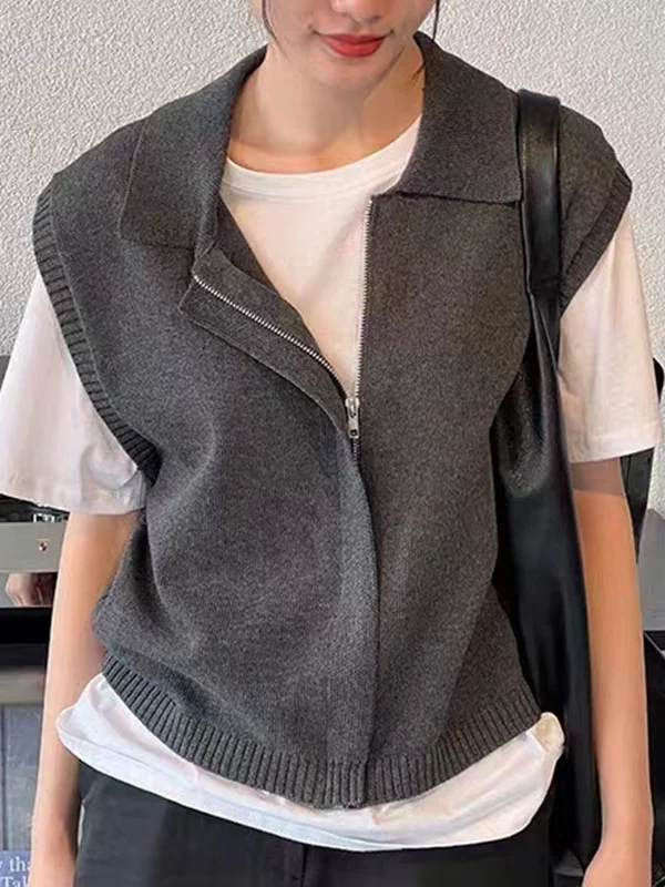 Literary Knit Zipper Sleeveless Vest