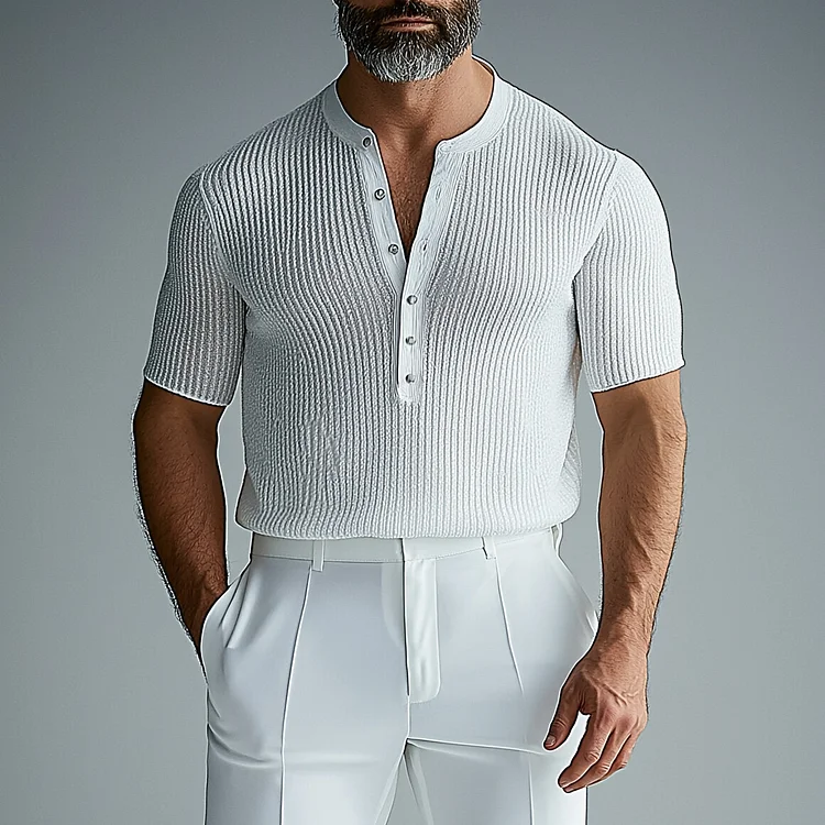 Men's Half Button Short Sleeve Rib Knit Henley Shirt