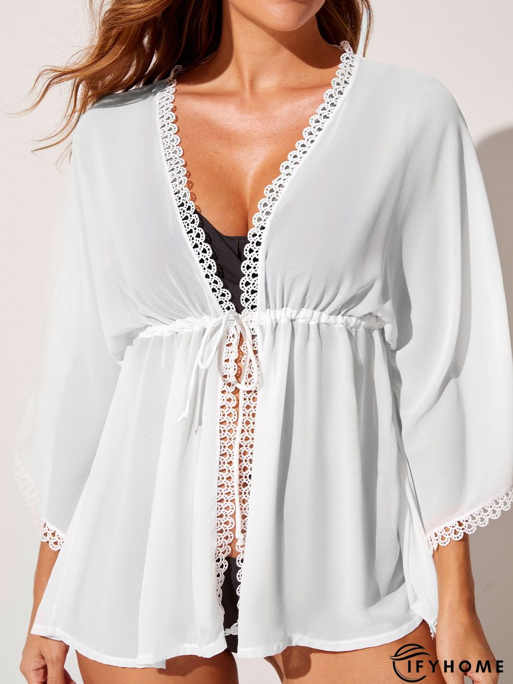 Elegant Plain Drawstring V Neck Coverup | IFYHOME