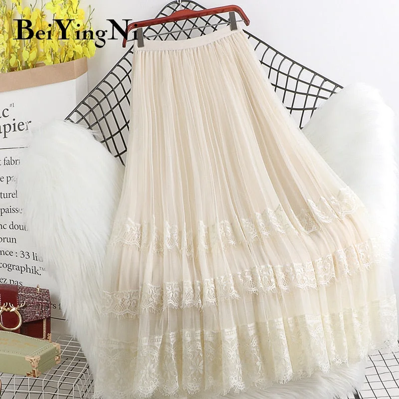 Beiyingni Fashion High Waist Tulle Midi Skirts Woman Lining Mesh Lace Patchwork Kawaii Harajuku Dance Bridesmaids Skirt Women