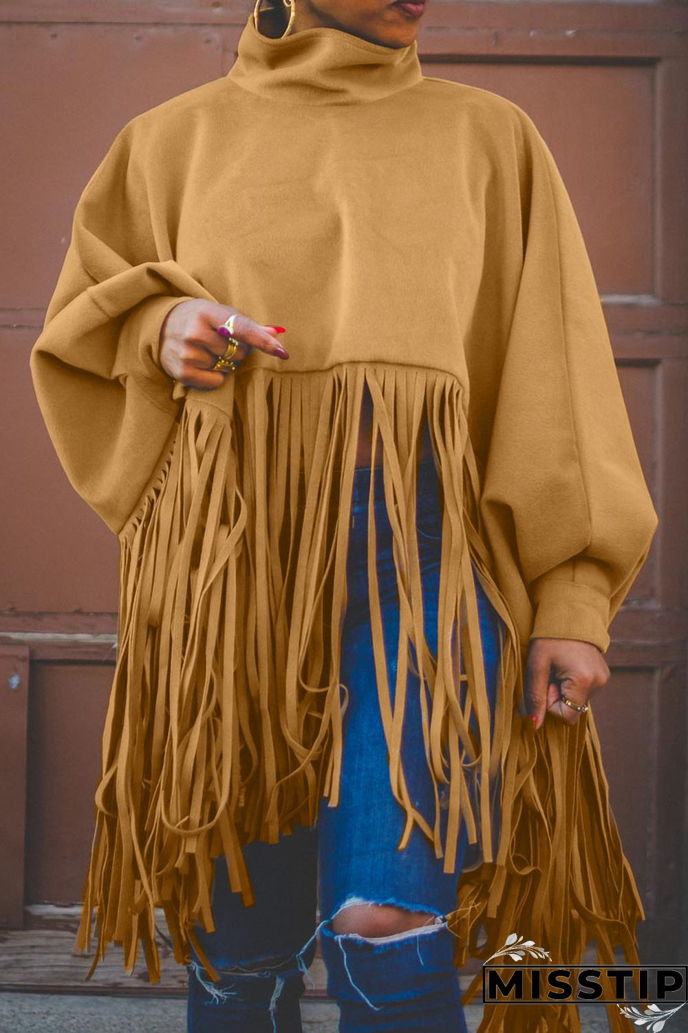 Burgundy Fashion Vintage Solid Tassel Turtleneck Plus Size Overcoat
