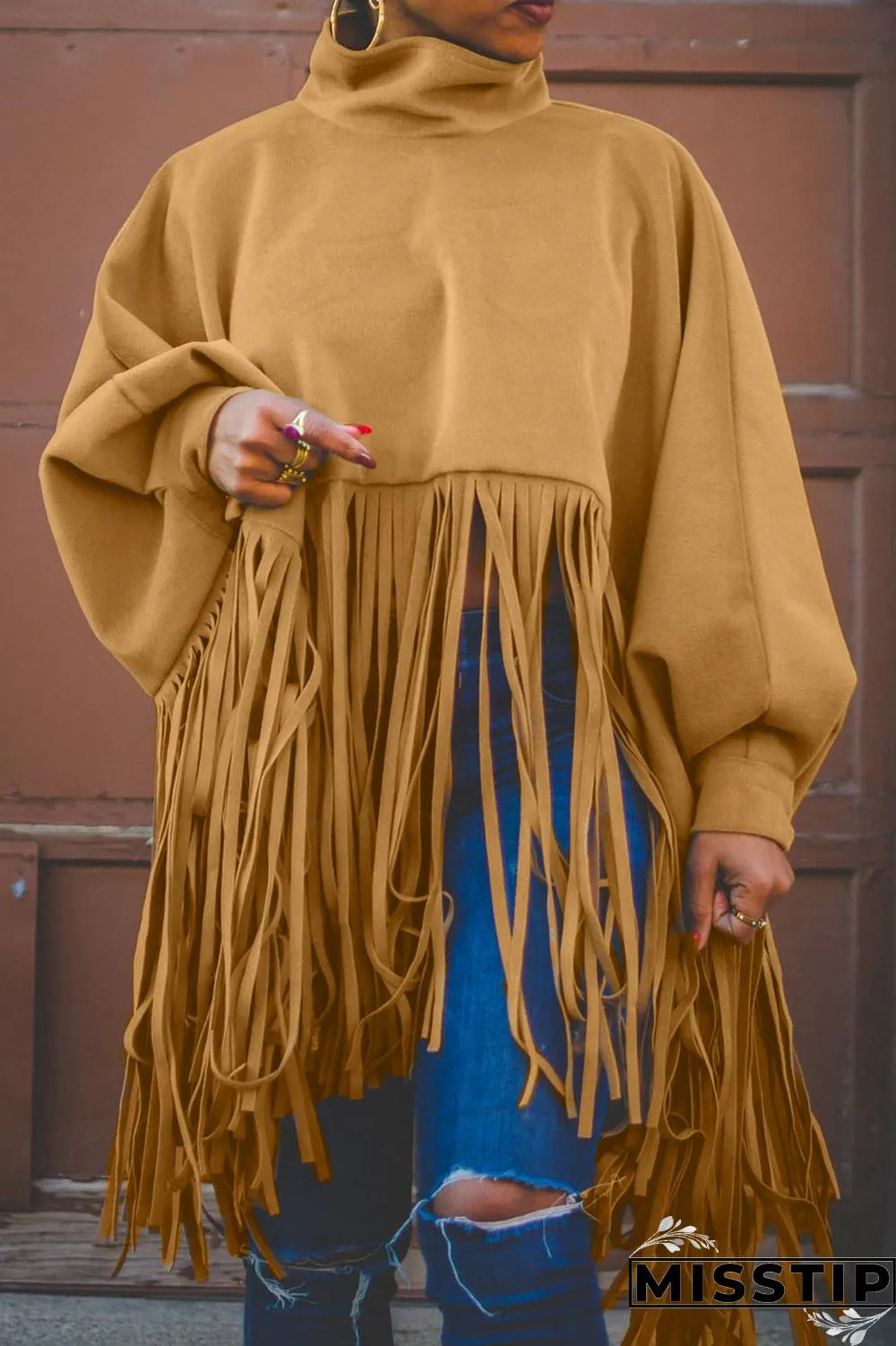 Burgundy Fashion Vintage Solid Tassel Turtleneck Plus Size Overcoat