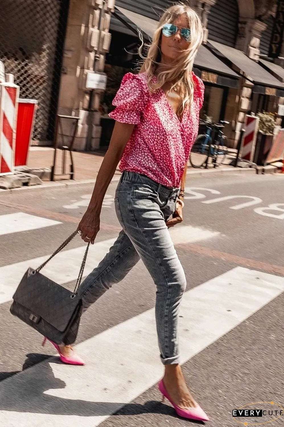 Layered Plaid Short Sleeve V-Neck Lotus Leaf Blouses