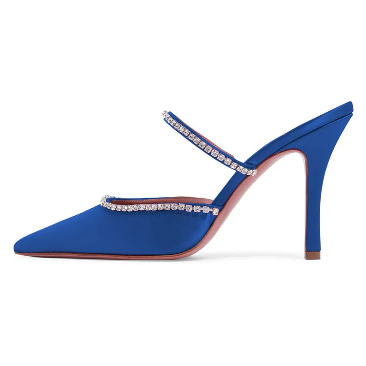 Satin Blue Rhinestone Pointy Toe Heels  . Vdcoo