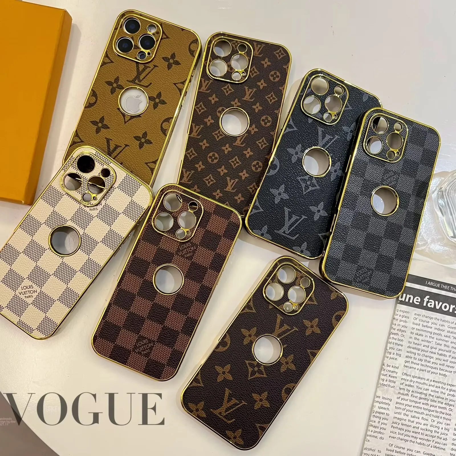 LV Electroplated Leather Monogram Canvas Checkerboard Apple iPhone Case