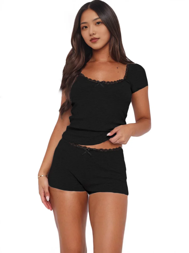 Uveng Lace Splicing Home Two-Piece Set Of Body-Repair Collar Knitting Short Suit Women's Multi-Color Leisure Suit