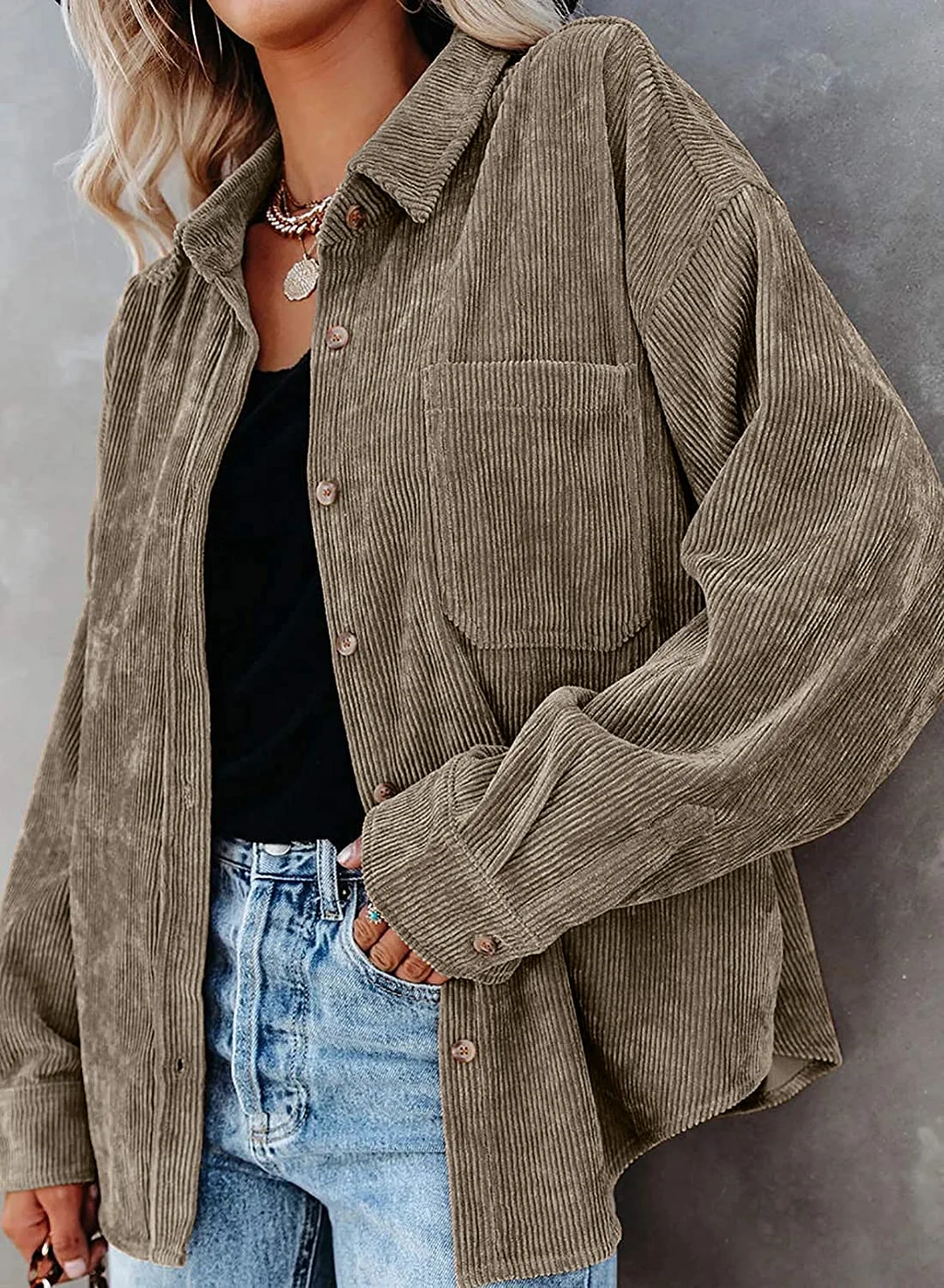 MIHOLL Women Corduroy Long Sleeve Button Down Collared Shirt Jacket Tops