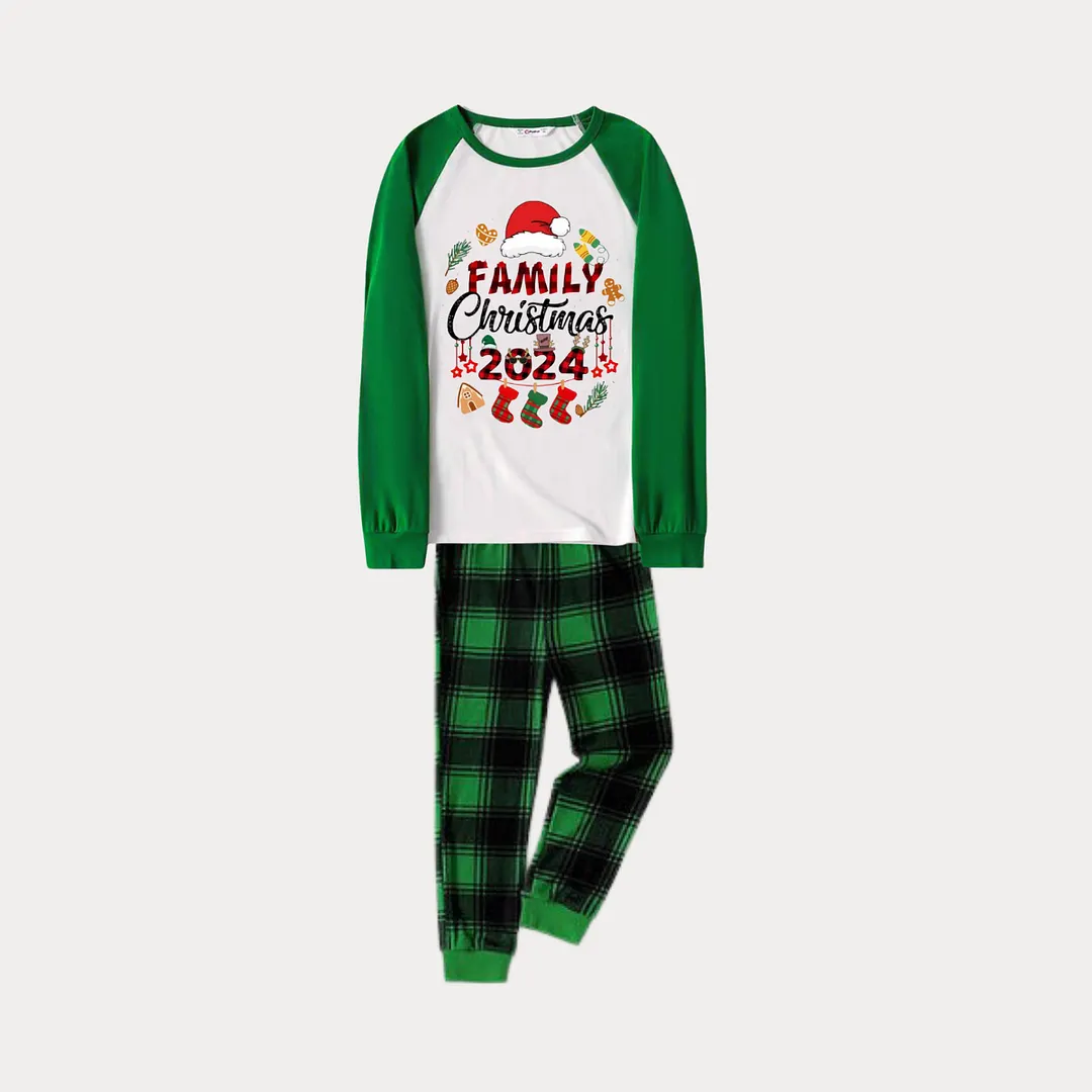 Family Christmas 2024 and Christmas Pattern Print Long Sleeve Top With Green & Black Plaid Matching Pajamas