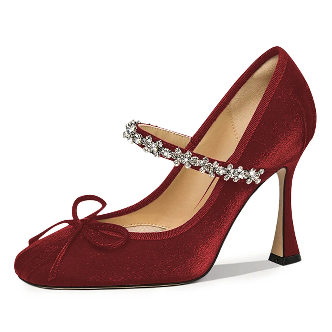 Velvet Rhinestone Square Toe Bow Flared Heel Mary Jane Pumps in Red