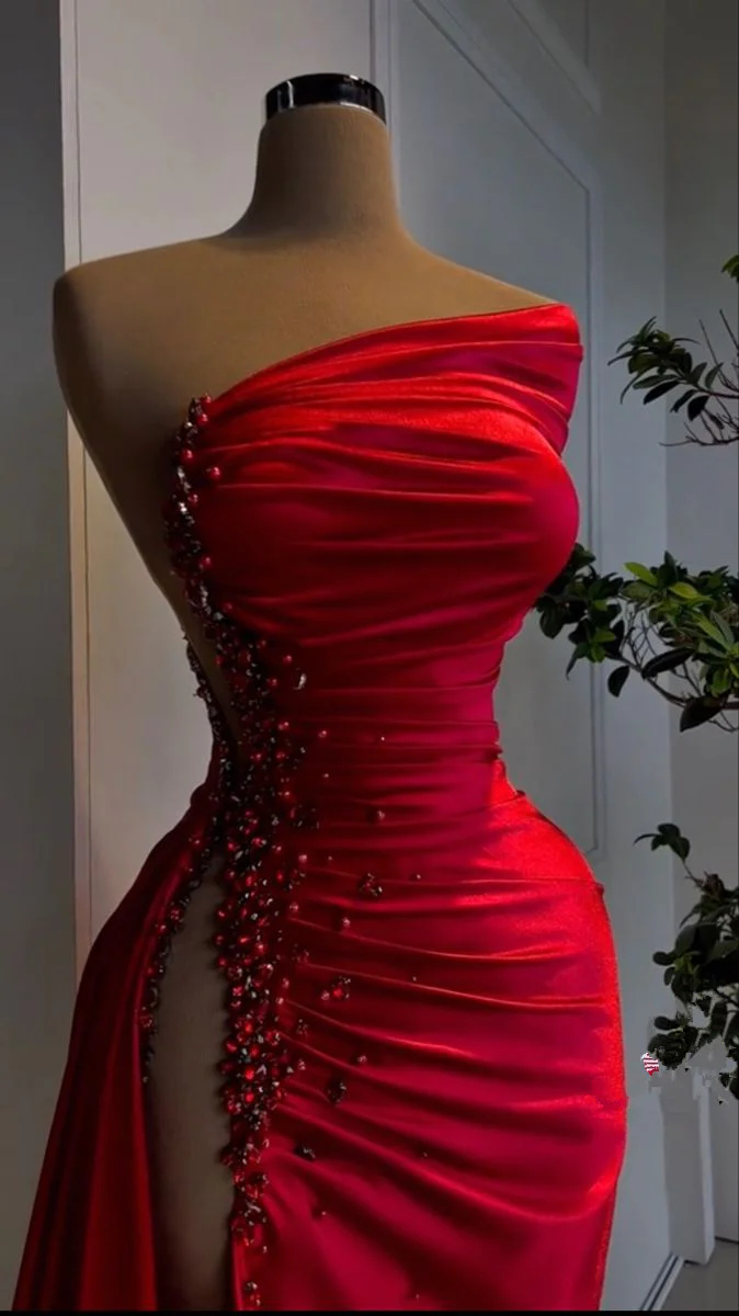 Lvs&Broner  Red Pearl Strapless Prom Dress Long Slit Sleeveless With Beading