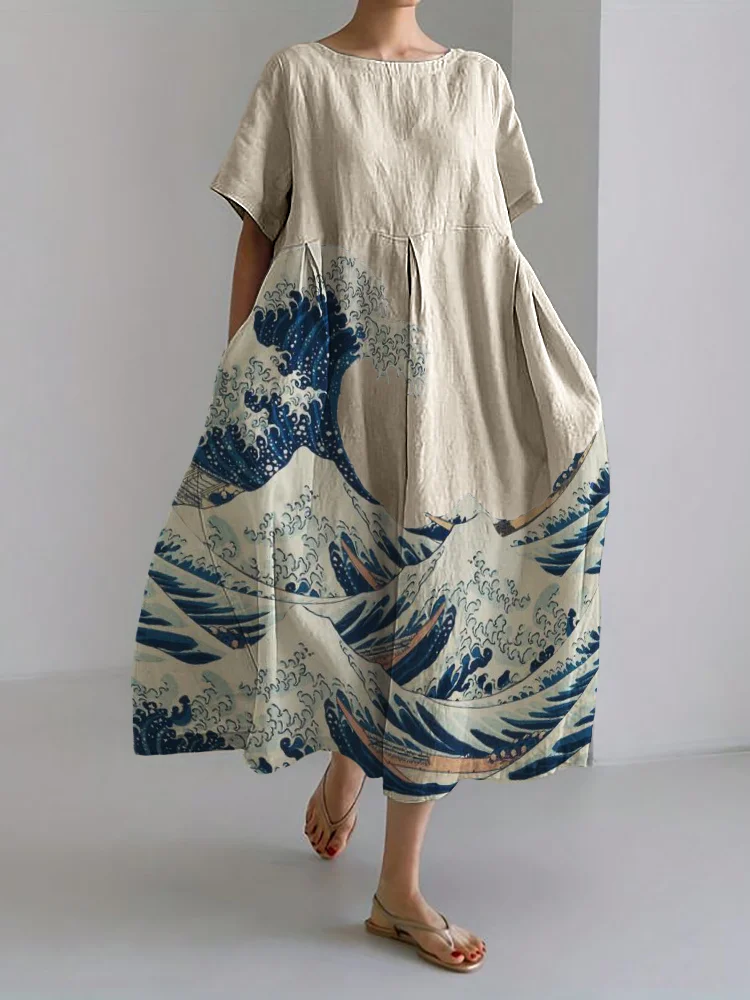 Comstylish Great Wave Japanese Art Linen Blend Maxi Dress