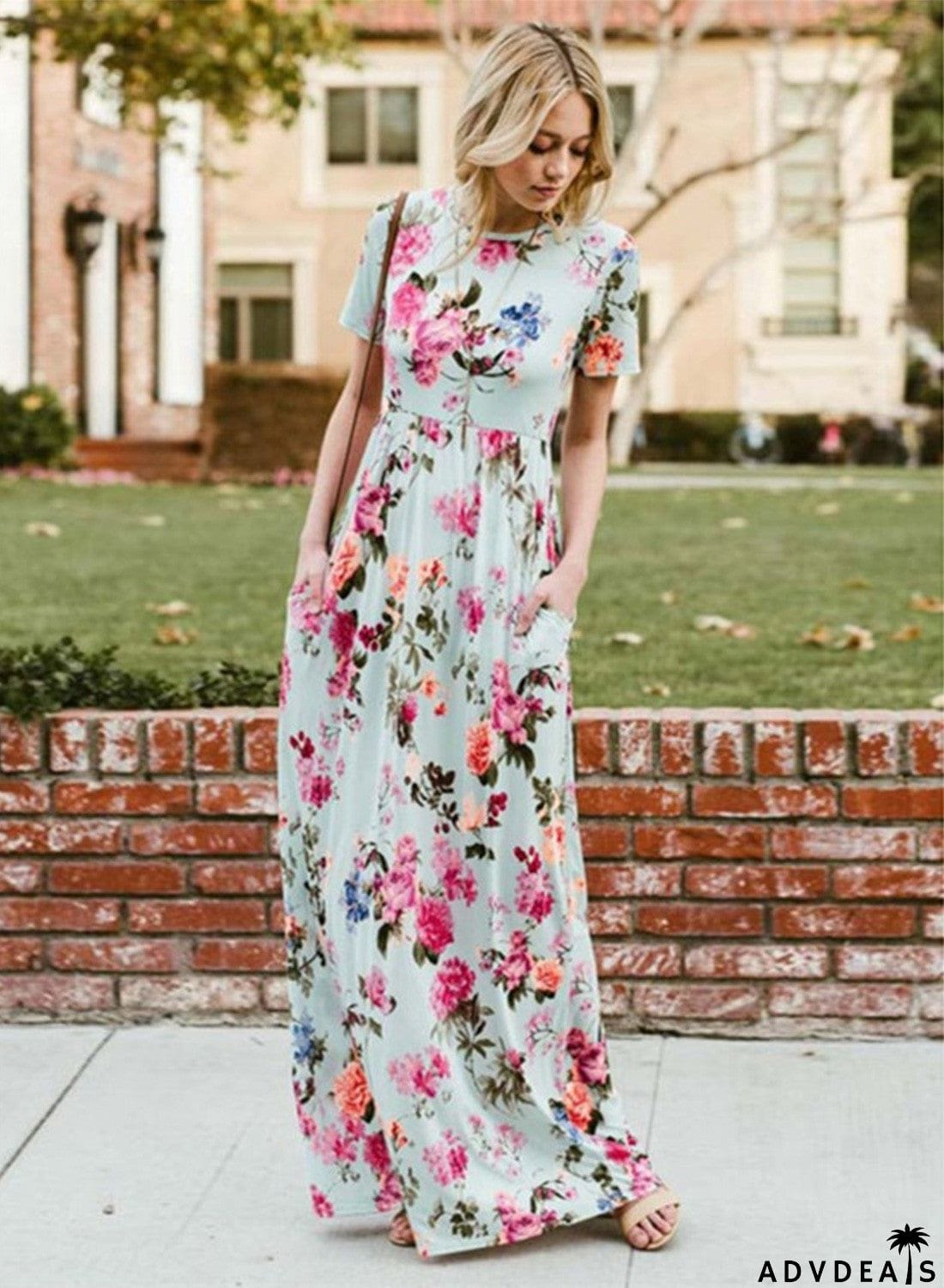 Floral Printed Short Sleeve Maxi Dress with Pockets