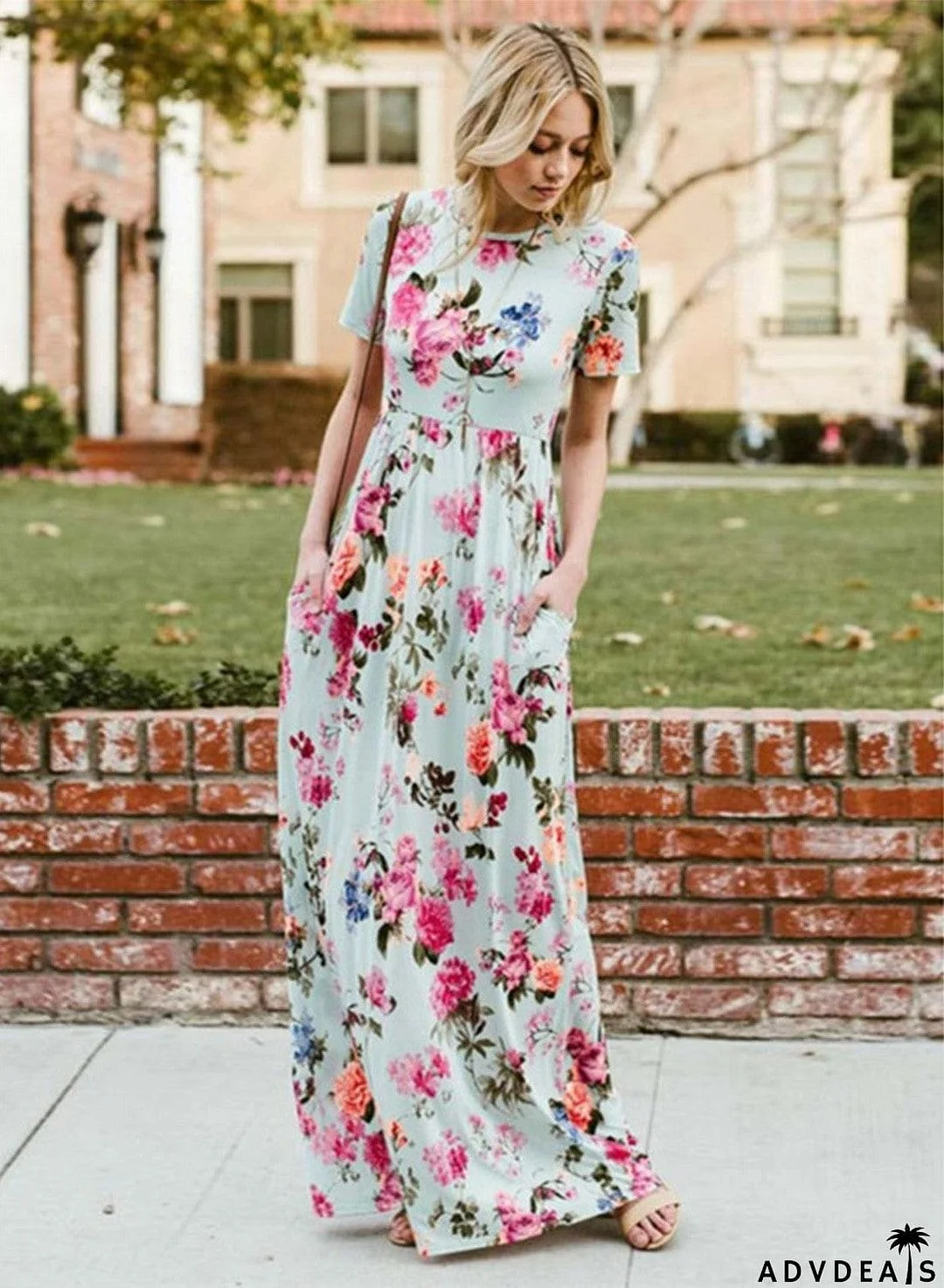 Floral Printed Short Sleeve Maxi Dress with Pockets