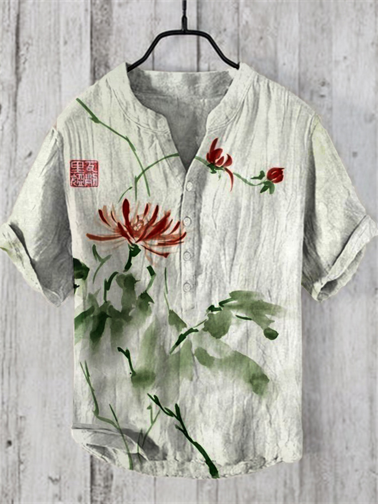 Comstylish Japanese Art Lotus Button Casual Linen Blend Shirt
