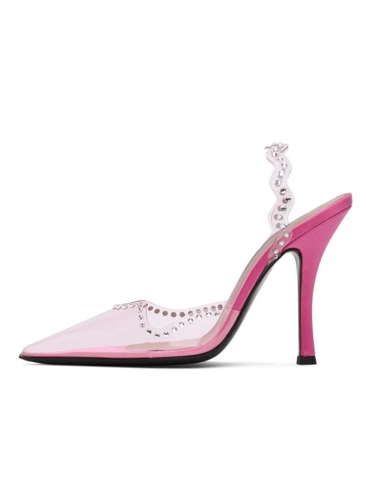 Pink Rhinestone Transparent Slingback Pumps Women Wave-Edge Stiletto Heeled Pumps