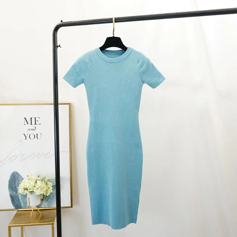 FTLZZ New Women Stretch Knitted Midi Dress Summer Spring Lady Casual O-neck Slim Knitting Bodycon Dresses Vintage Vestidos