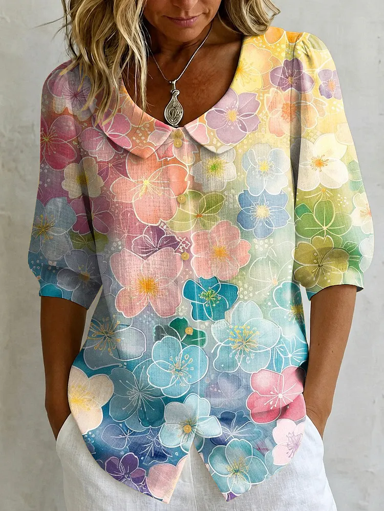 Bohemian-style Rainbow Floral Print Button-down Cardigan With Doll Collar