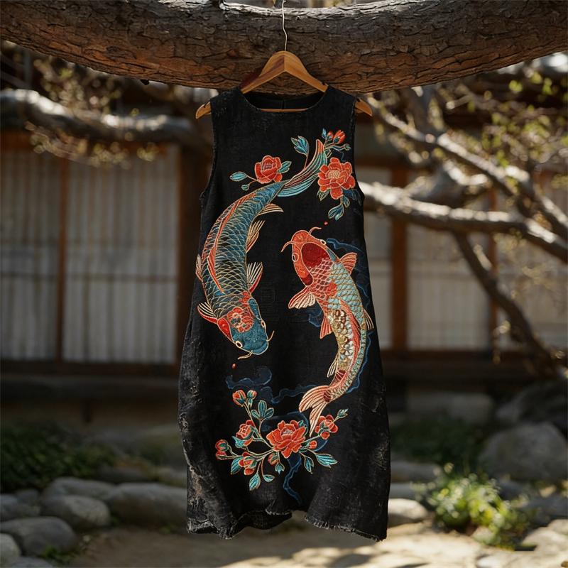 Classy Koi Carp Fish Floral Art Flowy Linen Tank Dress wearshes