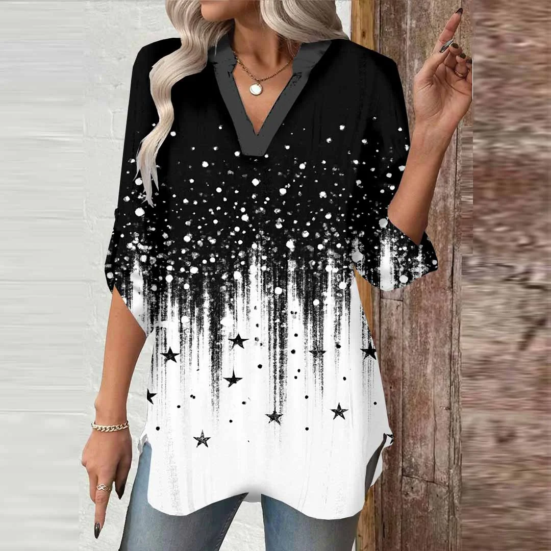 Women Black, Gradient,Ladynora DZGA0066 3/4 Sleeve V-neck Printed Graphic Button Tops