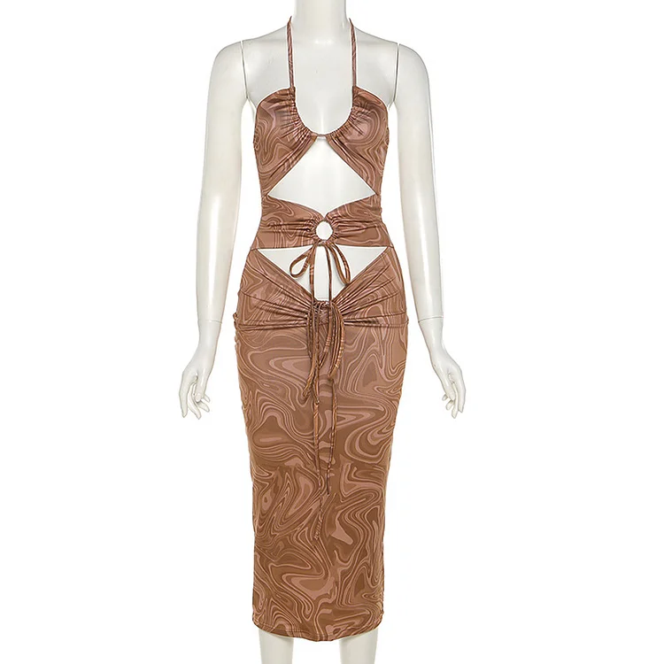 Summer Fashion Irregular Printed Halter Neck Sleeveless Backless Sheath Vacation Dress
