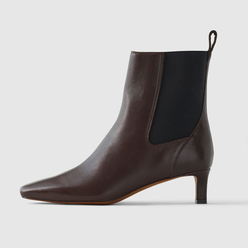 Dark Brown Kitten Heel Square Toe Pull-On Chelsea Short Booties Nicepairs