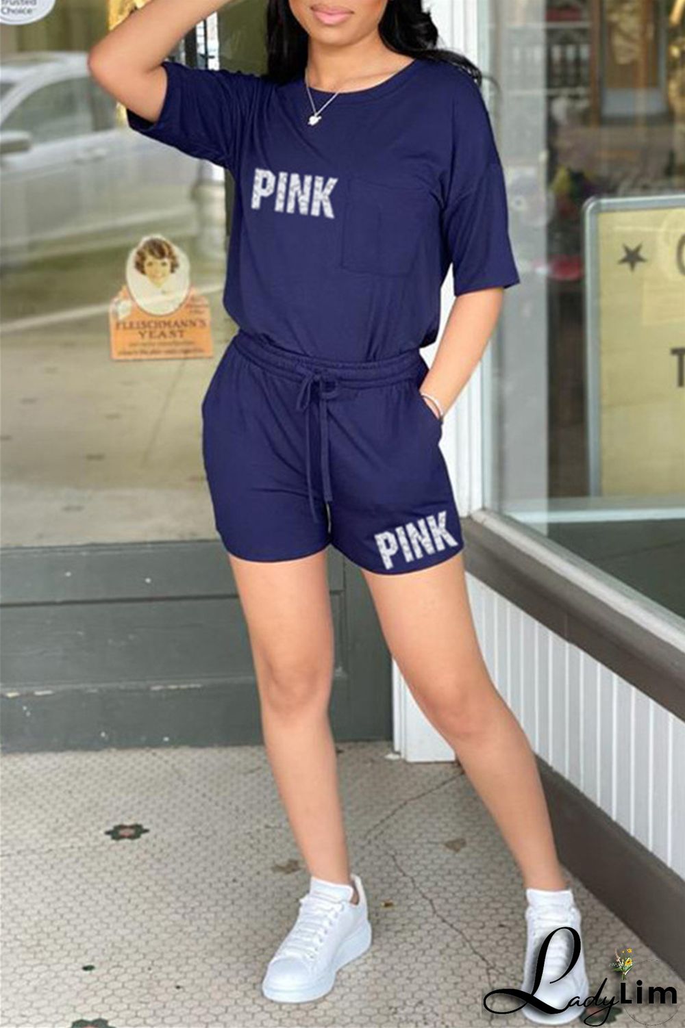 Black Fashion Casual Letter Print Patchwork O Neck Short Sleeve Two Pieces