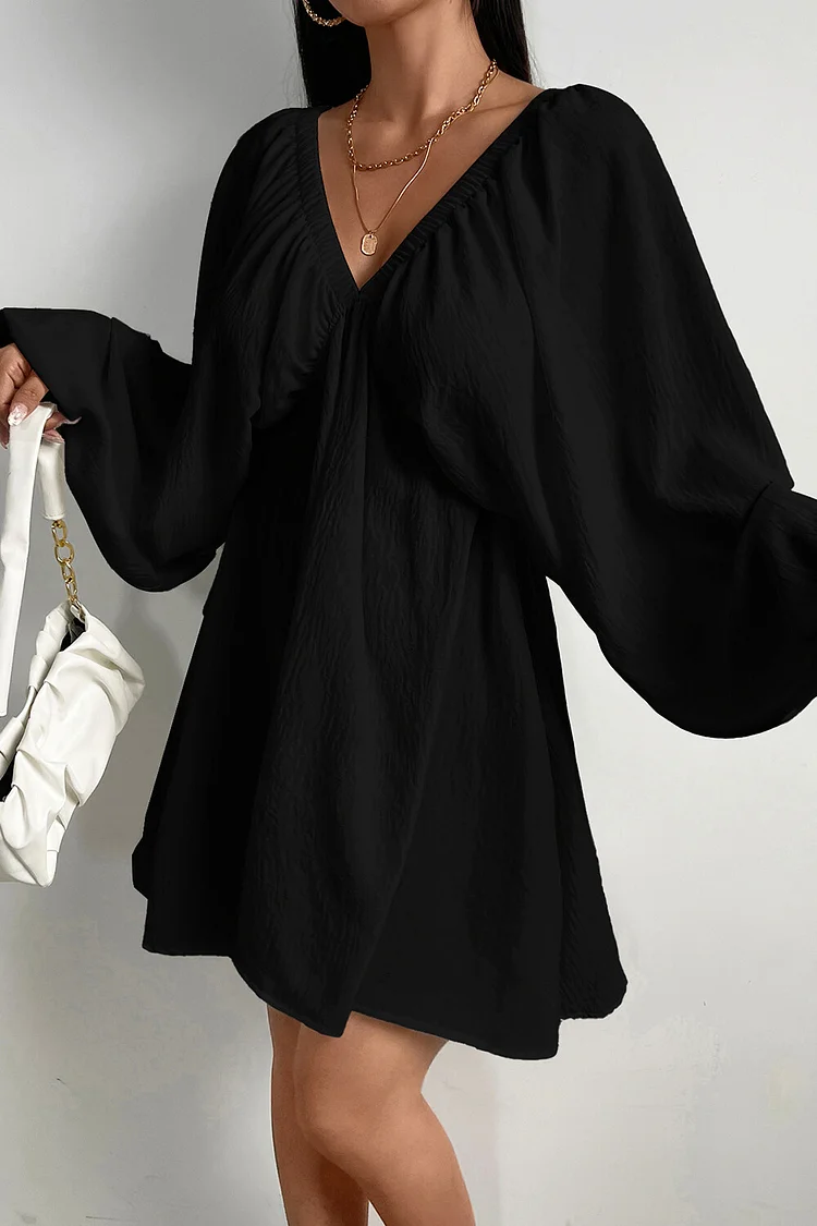V Neck Balloon Sleeve Solid Color Casual Mini Dresses-White