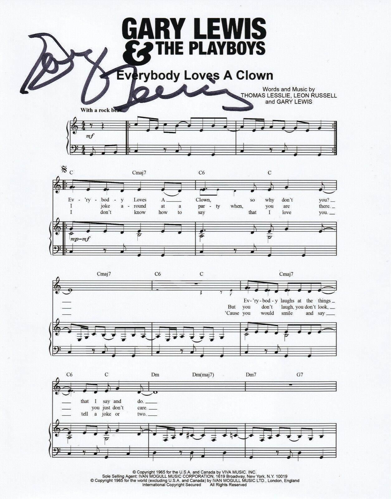 Gary Lewis & The Playboys REAL SIGNED Everybody Loves A Clown Sheet Music COA