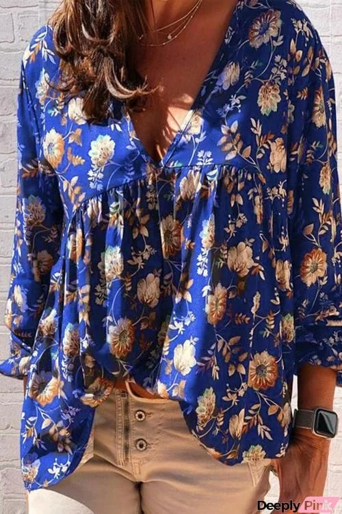 Floral Print V Neck Loose Blouse